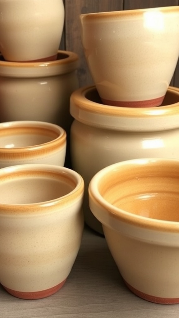 Cone 6 Oatmeal Glaze Recipe Ceramic pots with oatmeal glaze, featuring a creamy, speckled finish, displayed on a wooden surface.